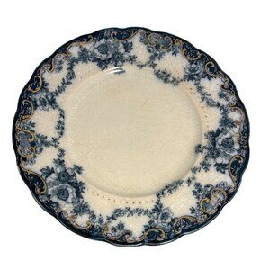 Ebor by Ridgway Plate Flow Blue 8" Floral Gold Trim England Semi Porcelain